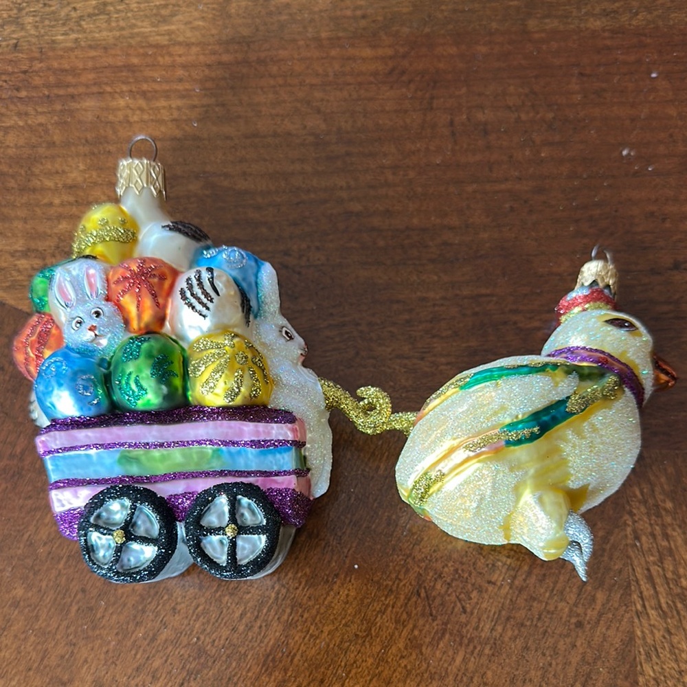 Colorful Larry Fraga Easter Bunny and Chick Ornaments